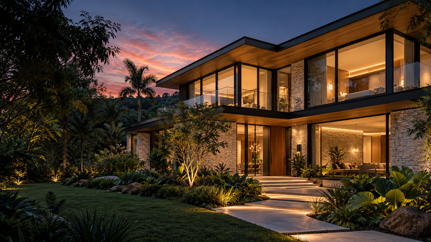 Visualização conceitual gerada por IA: casa contemporânea com jardim ao entardecer